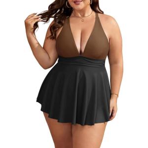 imageB2prity Womens One Piece Swimdress Swimsuit Plus Size Tummy Control Swim Dress V Neck Push Up Skirted Bathing SuitBrown  Black