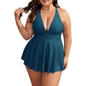 imageB2prity Womens One Piece Swimdress Swimsuit Plus Size Tummy Control Swim Dress V Neck Push Up Skirted Bathing SuitPeacock Green