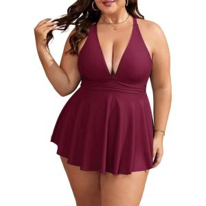 imageB2prity Womens One Piece Swimdress Swimsuit Plus Size Tummy Control Swim Dress V Neck Push Up Skirted Bathing SuitWine Red