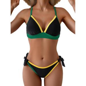 image:imageB2prity Womens Color Block Bikini Set Sexy V Neck Criss Cross Two Piece Swimsuits Tie Side Cheeky Bathing SuitsBlack Yellow Green