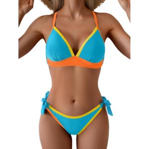image:imageB2prity Womens Color Block Bikini Set Sexy V Neck Criss Cross Two Piece Swimsuits Tie Side Cheeky Bathing SuitsBlue Orange Yellow