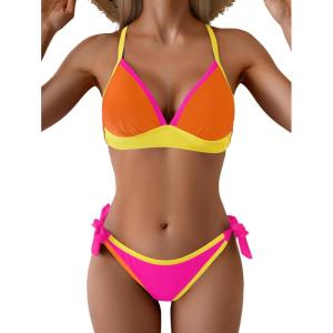 image:imageB2prity Womens Color Block Bikini Set Sexy V Neck Criss Cross Two Piece Swimsuits Tie Side Cheeky Bathing SuitsOrange Pink Yellow