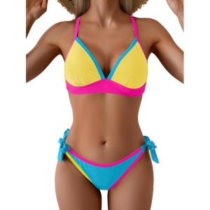 image:imageB2prity Womens Color Block Bikini Set Sexy V Neck Criss Cross Two Piece Swimsuits Tie Side Cheeky Bathing SuitsYellow Blue  Pink