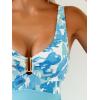 image:imageB2prity Womens Mesh One Piece Swimdress Swimsuit Tummy Control V Neck U Ring Bathing Suit Drawstring Sarong SwimwearAqua Blue Leaf
