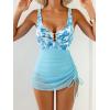 image:imageB2prity Womens Mesh One Piece Swimdress Swimsuit Tummy Control V Neck U Ring Bathing Suit Drawstring Sarong SwimwearAqua Blue Leaf