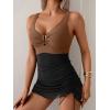 image:imageB2prity Womens Mesh One Piece Swimdress Swimsuit Tummy Control V Neck U Ring Bathing Suit Drawstring Sarong SwimwearBrown  Black