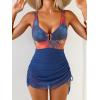 image:imageB2prity Womens Mesh One Piece Swimdress Swimsuit Tummy Control V Neck U Ring Bathing Suit Drawstring Sarong SwimwearPrint  Navy Blue
