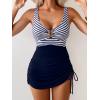 image:imageB2prity Womens Mesh One Piece Swimdress Swimsuit Tummy Control V Neck U Ring Bathing Suit Drawstring Sarong SwimwearStripe  Navy Blue