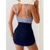 image:imageB2prity Womens Mesh One Piece Swimdress Swimsuit Tummy Control V Neck U Ring Bathing Suit Drawstring Sarong SwimwearStripe  Navy Blue
