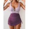 image:imageB2prity Womens Mesh One Piece Swimdress Swimsuit Tummy Control V Neck U Ring Bathing Suit Drawstring Sarong SwimwearStripe lavender