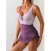 image:imageB2prity Womens Mesh One Piece Swimdress Swimsuit Tummy Control V Neck U Ring Bathing Suit Drawstring Sarong SwimwearStripe lavender