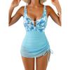 image:imageB2prity Womens Mesh One Piece Swimdress Swimsuit Tummy Control V Neck U Ring Bathing Suit Drawstring Sarong SwimwearAqua Blue Leaf